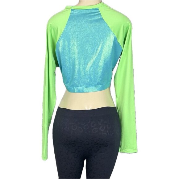 Speedo XL Foil Blue-Green Crew Neck 4 Way Stretch Long Sleeve Crop Rash Guard - Picture 4 of 6
